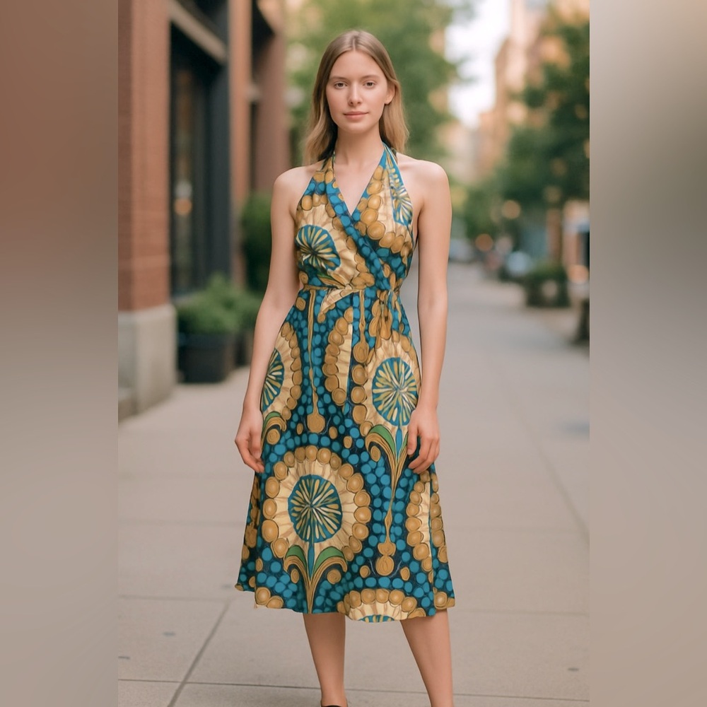 Palm & Granite Retro 60’s Geometric Print Full Wrap Halter Midi Dress NWT